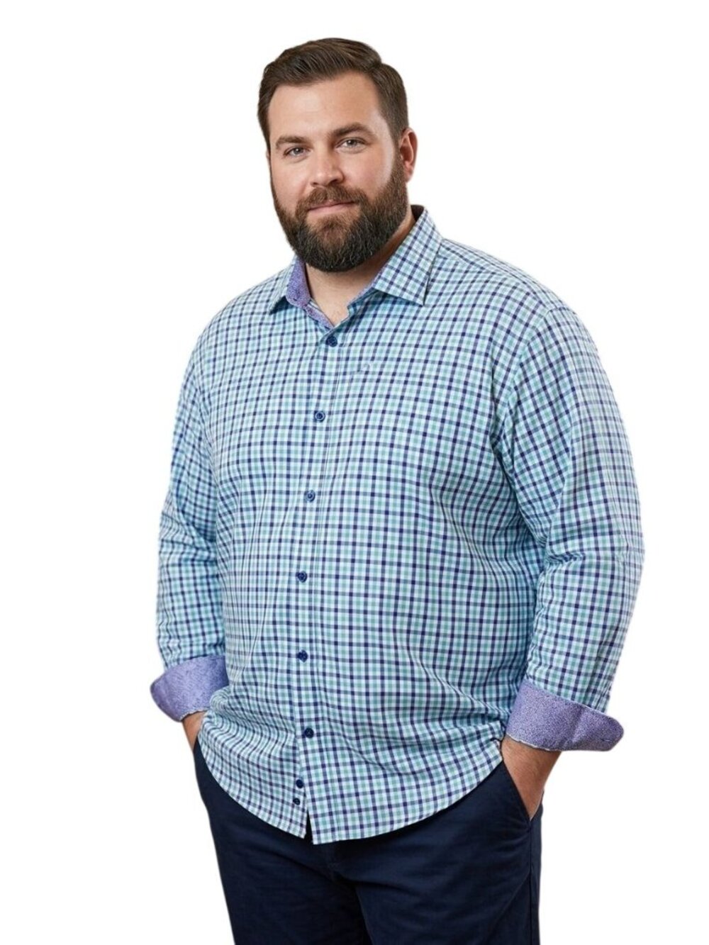 Bertigo NWT Plaid Contrast Cuff Inside Collar Plaid Dress Shirt Size 3XL